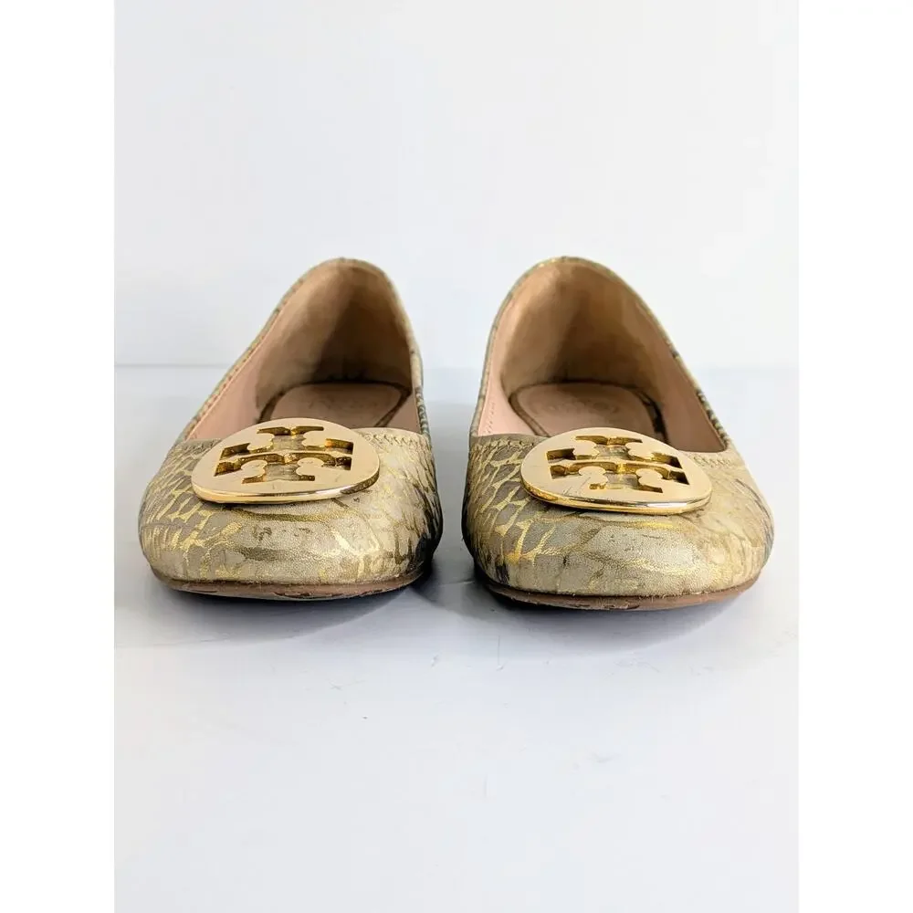 Tory Burch Reva Ballet Flats 7.5 Tan Gold Snakeskin Print Metallic Logo Round